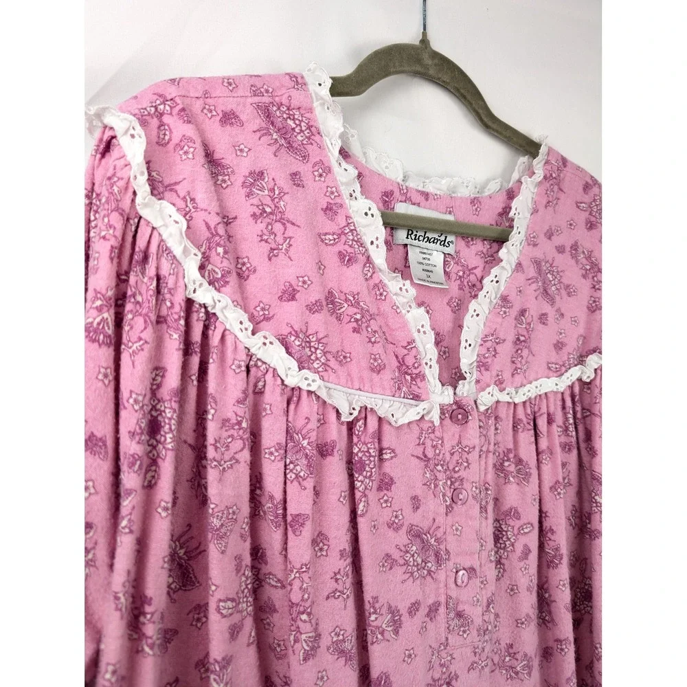 Floral 100% Cotton Long Sleeve Nightgown Size 3X Pink Cottagecore Prairie Lace